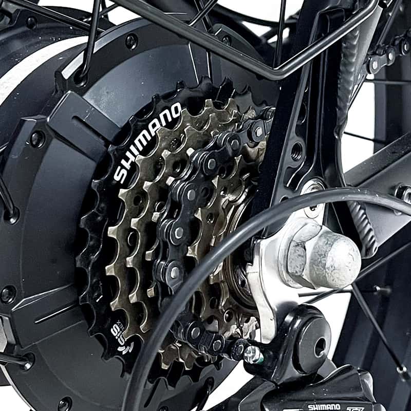 A close view of Mootoro R1 electric cafe racer's derailleur system